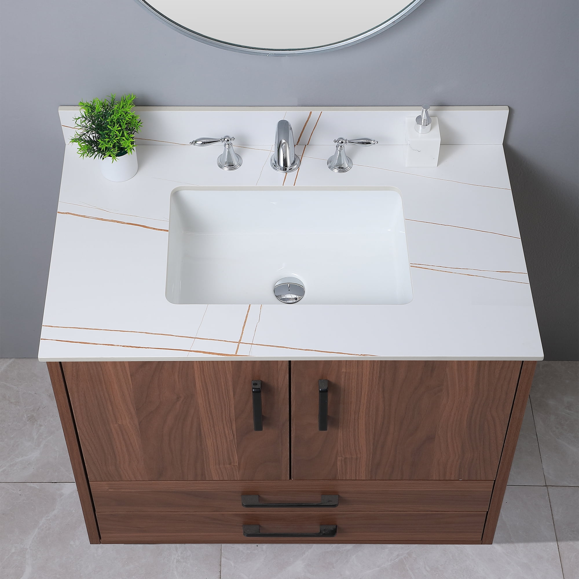Leavader 37 Inches Carrara White and Gold Sintered Stone Bathroom ...
