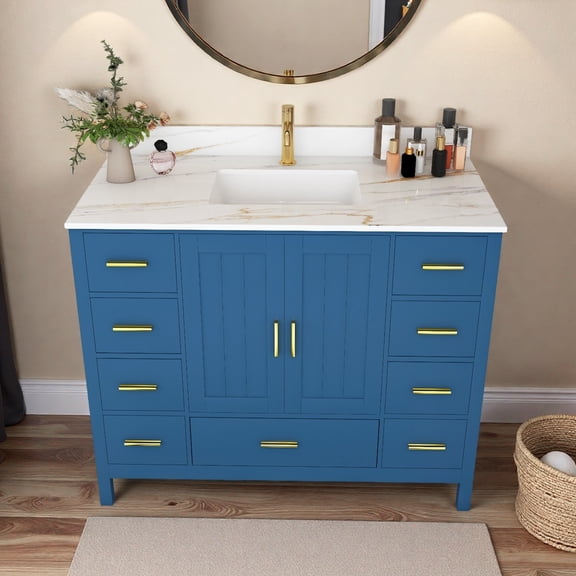 Leavader 42" Modern Solid Wood Bathroom Vanity with Sink, 43" Carrara White Sintered Stone Vanity Top with 1 Pre-Drilled Faucet Holes, 2 Soft-Close Double Doors & 9 spacious Drawers with Slides(Blue)