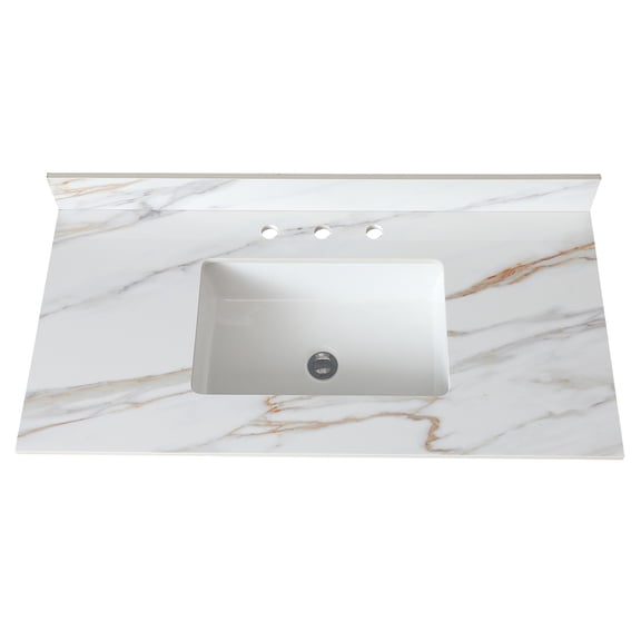Leavader 43 Inch Marble Vanity Top, Bathroom Vanity Top with Undermount Rectangular Middle Sink and 4" Height Backsplash, Pre-Drilled 8 Inch Faucet Hole Spread Vanity Top, Carrara white with veins