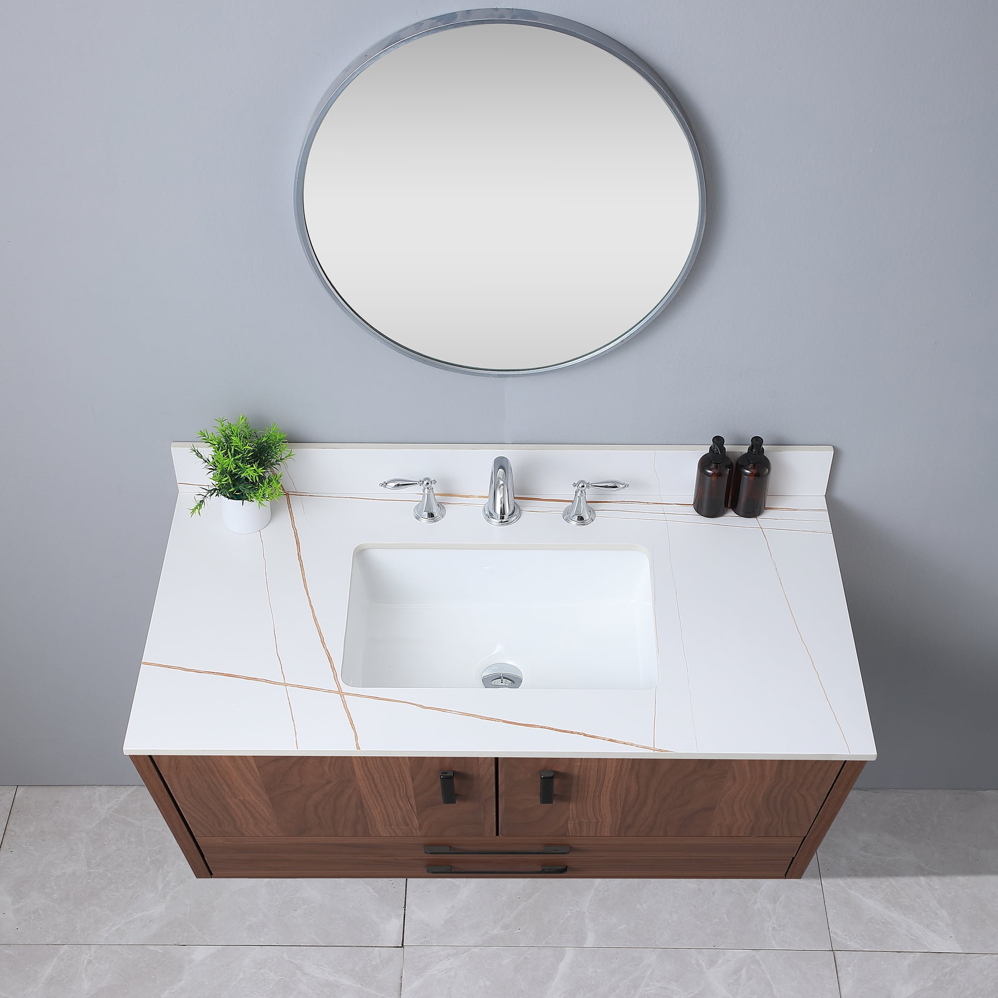Leavader 43 Inches Carrara White and Gold Sintered Stone Bathroom ...