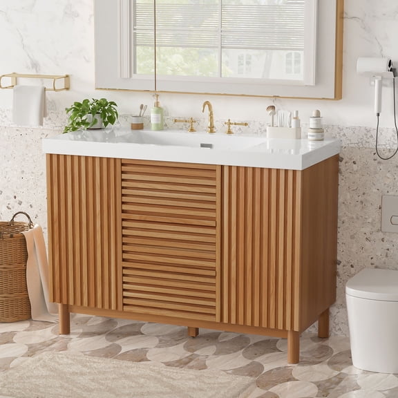 Leavader 47.2 Inch Bathroom Vanity with SMC Resin Sink, MDF Storage Cabinet, Solid Wood Legs, Soft Close Doors Drawers, Modern Bathroom Vanity