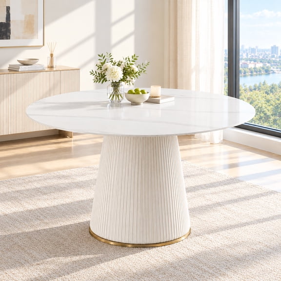 Leavader 53” Round Sintered Stone White Dining Table for 6 People for Kitchen Dining Room(Only One Dining Table)