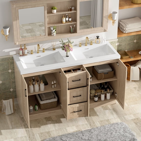 Leavader 59 Inch Double Sink Bathroom Vanity with SMC Basin, Wood Grain MDF Cabinet, 4 Soft Close Doors 3 Drawers, Adjustable U Shelves,Pre-drilled Faucet Holes