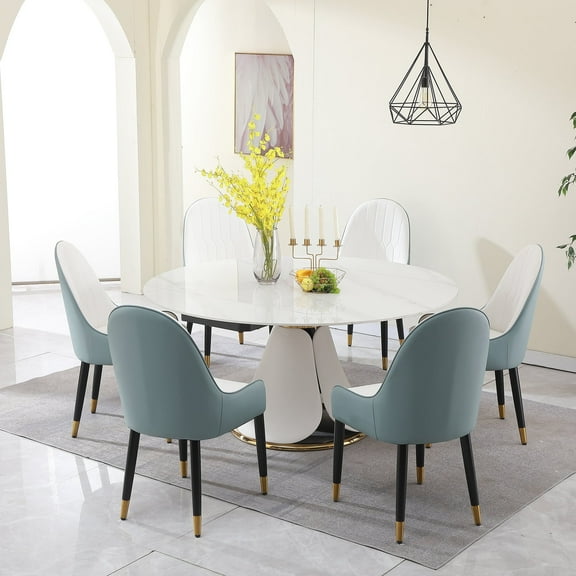 Leavader 59" Multi-functional Sintered Stone Dining Table with 6 Blue Chairs, Square Table and Round Table Can Be Switched, Variable Shape Table with PU Leather Base