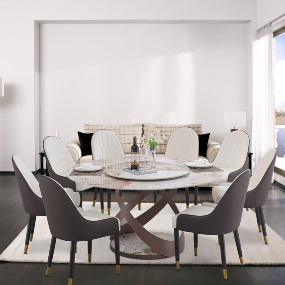 Leavader 59" Round Kitchen Dining Table, Sintered Stone Dining Room Table Set with Carbon Steel Base with a Double-layered Top, 8 Chairs Included