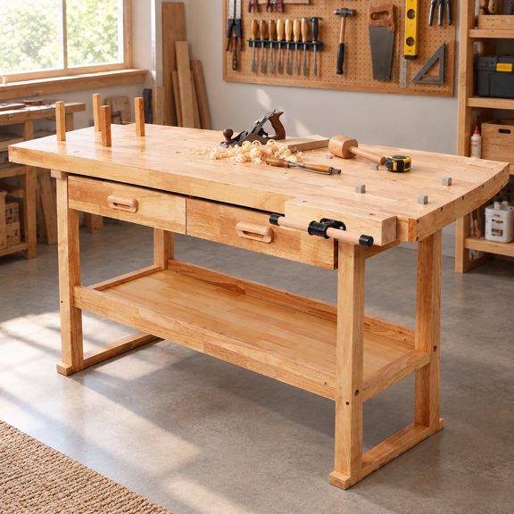 Leavader 60 Inch Rubberwood Solid Wood Workbench with 2 Drawers and Open Shelf, Natural Finish Garage Wood Working Table for Workshop, Carpenter, DIY, Craft, Home