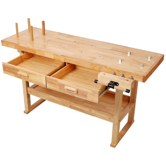 Leavader 60 Inch Rubberwood Solid Wood Workbench with 2 Drawers and Open Shelf, Natural Finish Garage Wood Working Table for Workshop, Carpenter, DIY, Craft, Home