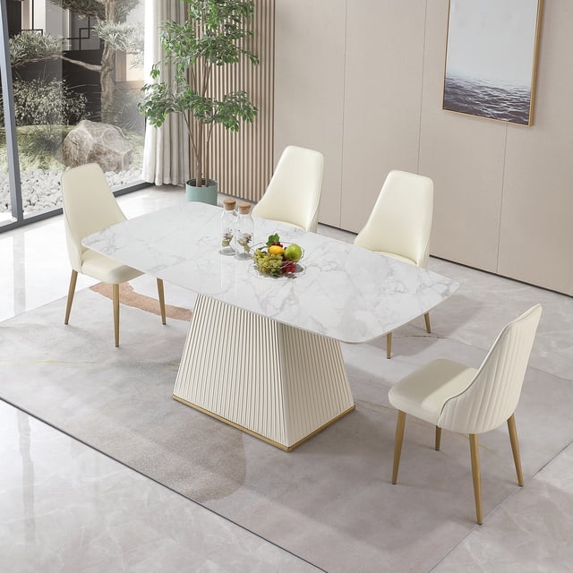 Leavader 71” White Sintered Stone Square Dining Table Set for 6 with PU ...