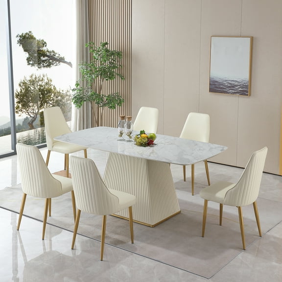 Leavader 71” White Sintered Stone Square Dining Table Set for 6 with PU Leather Stainless Steel Base, with 6 chairs