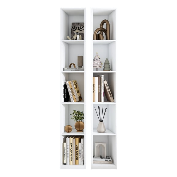 Leavader 84 Inch Tall 5 Tier Narrow Bookcase Set of 2, White Storage Cabinet Display Shelf, Freestanding Space Saving Organizer for Bedroom Living Room Kitchen Office