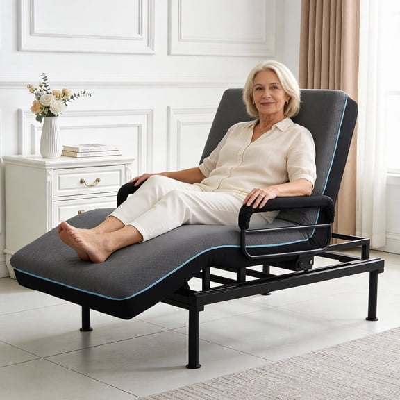 Leavader Adjustable Electric Lift Bed for Seniors & Mobility Support – Wired Remote Control, Back & Leg Elevation, Safety Rails, Removable Tray, Durable Steel Frame for Home & Care Use,Black