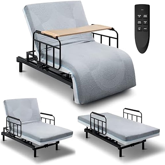 Leavader Adjustable Electric Lift Bed for Seniors - Remote Control with One-Touch Backrest Lift & Leg Lowering, Assisted Bed w/Mattress & Detachable Meal Tray, Safe Standing/Sitting/Lying Aid