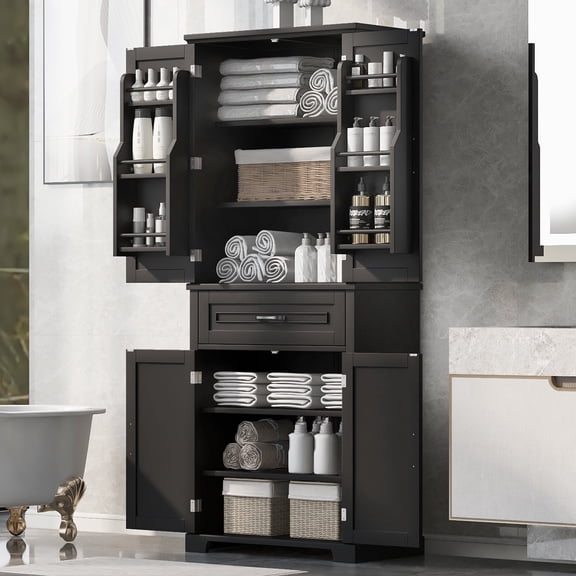 Leavader Bathroom Storage Cabinet with Doors and Drawer, Multiple Storage Space, Adjustable Shelf, Black