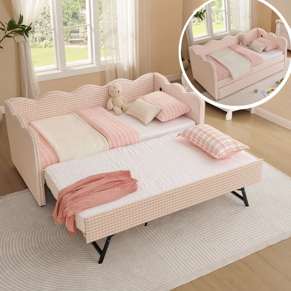 Leavader Gingham Twin Size Daybed Sofa Sleeper Bed with Pull Out Trundle USB Charging Port Plaid Linen Fabric Wave Backrest Convertible Couch Guest Bed No Box Spring Needed,Pink