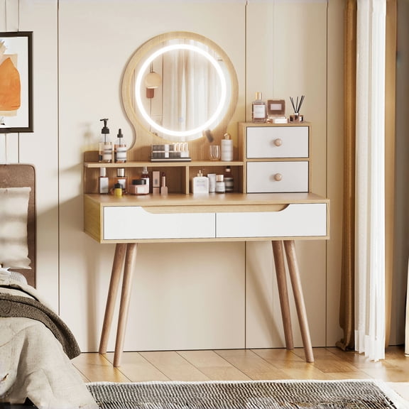 Leavader Makeup Vanity Desk with 3 Adjustable Lighted Mirror with solid wood table feet , Dressing Table Set with 4 drawers and 3 open shelves for Small space Bedroom