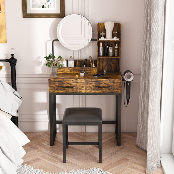Leavader Makeup Vanity with LED Lights&3 Color and Power Outlet Makeup Vanity Table with 2 big Drawers with Sturdy Metal Leg and Metal Chair ,Dressing Table for Bedroom Dressing Room (brown)