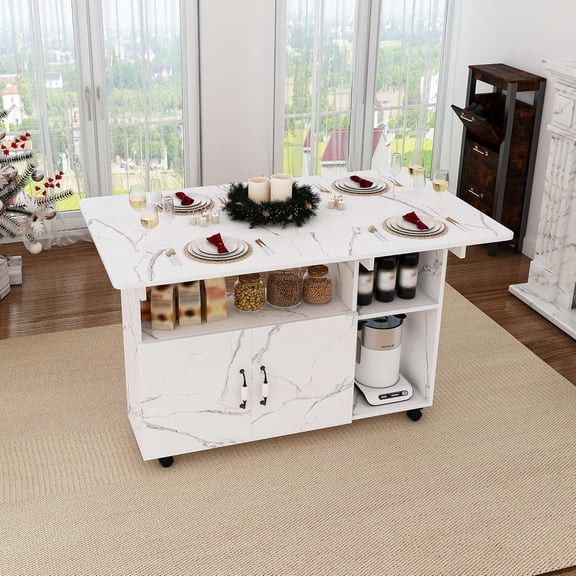 Leavader Multi-Functional Folding Table with 3-Layer Storage Shelves and Wheels, 47 Inch Drop Leaf Dining Table for Small Spaces, Compact Desk for Kitchen, Dorm, Office (White)