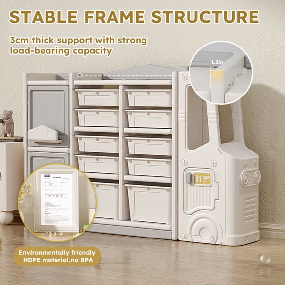 Leavader Multi-layer Storage, Toy Picture Book Storage Children's Floor Shelf Building Blocks Plastic Storage Cabinet with 10 Organizer Basket, with Car Design