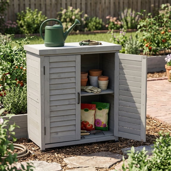 Leavader Outdoor Potting Bench with Storage Cabinet, Metal Top Garden Workstation, Wood Patio Tool Cabinet, Grey 31.5x17x36 Inch