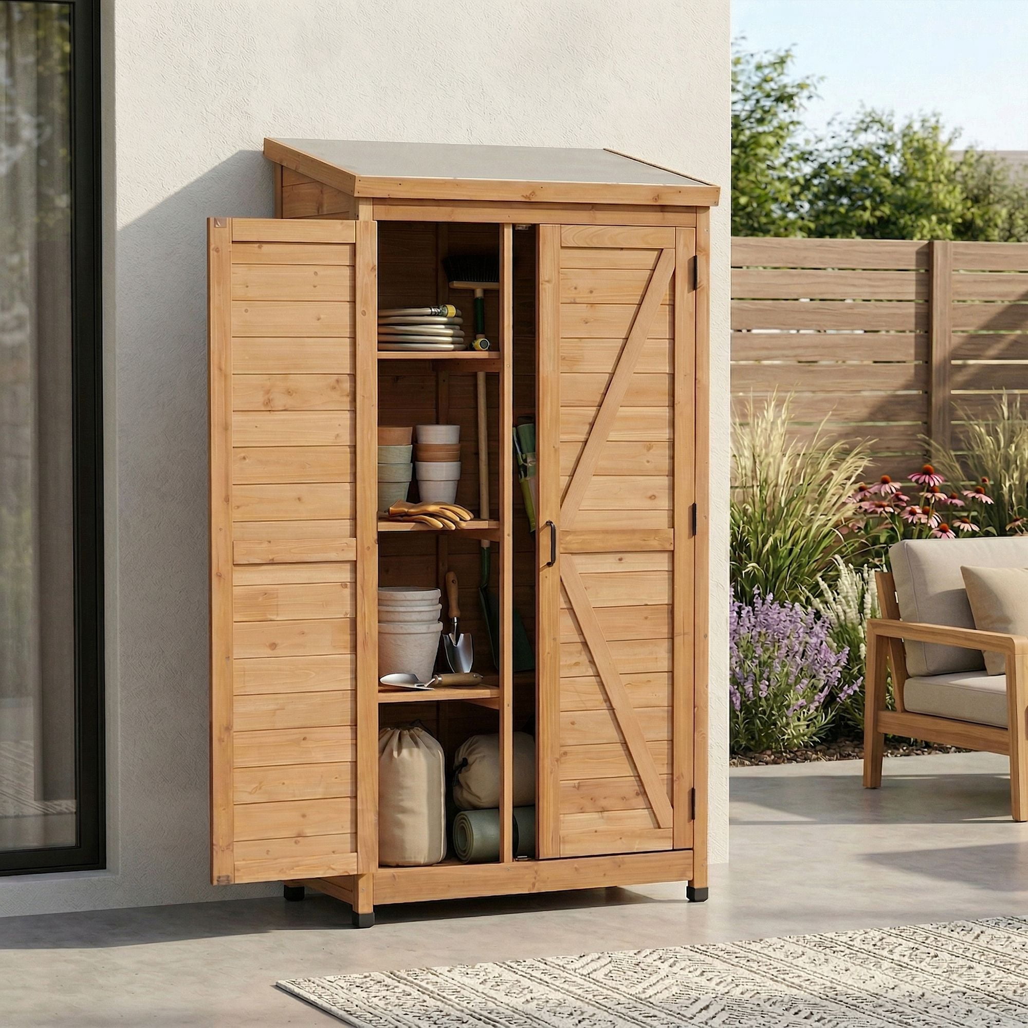 Leavader Outdoor Wooden Storage Shed with Metal Top Tall Vertical Tool