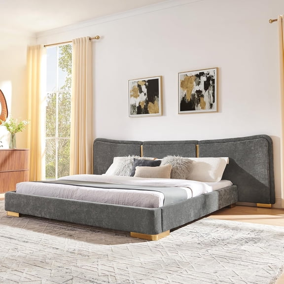 Leavader Queen Size Extra Large Bed Frame with Soft Fabric Curved Headboard, Reinforced Chrome Metal Legs & Multi-Point Support, Modern Low Profile Bedroom Furniture, Wide Headboard for DIY