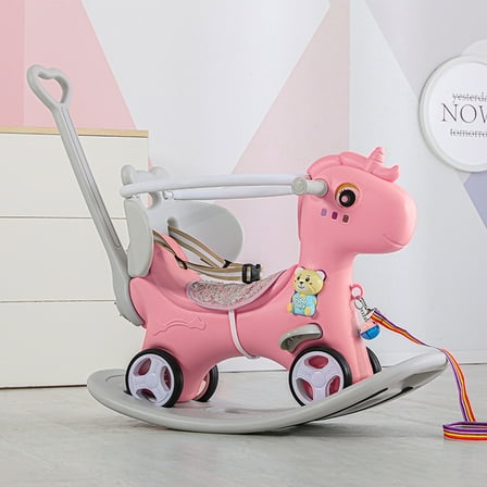Leavader Rocking Horse for Toddlers, Balance Bike Ride On Toys with Push Handle, Backrest and Balance Board-Pink