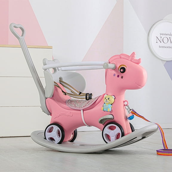 Leavader Rocking Horse for Toddlers, Balance Bike Ride On Toys with Push Handle, Backrest and Balance Board-Pink