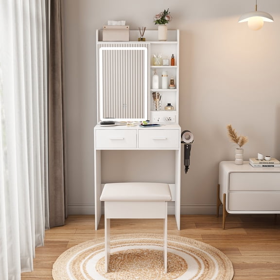 Leavader Small Makeup Vanity Desk with Mirror & Adjustable LED Lights,Built-in Power Outlet & Hidden Storage, Includes padded stool & Shelf,Space-Saving Dressing Table for Small Bedrooms,White