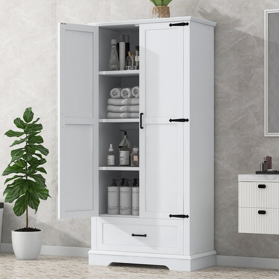 Leavader Tall Bathroom Storage Cabinet, Cabinet with Two Doors and One Drawer, Adjustable Shelf, MDF Board, White