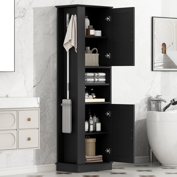 Leavader Tall Bathroom Storage Cabinet, Freestanding Storage Cabinet with Hook and Adjustable Shelf, MDF Board, Black