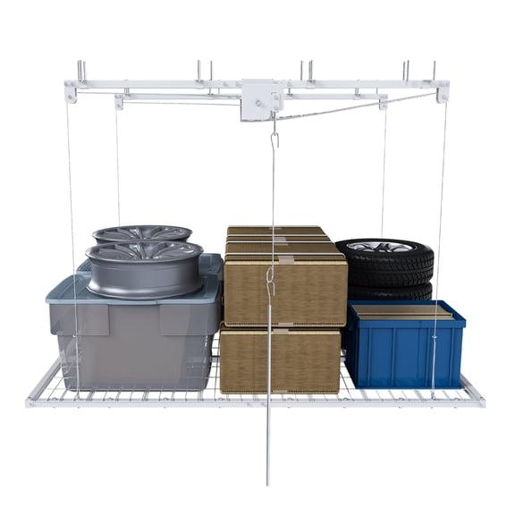 Leavader White Overhead Garage Storage Rack 4x8 FT for High Ceilings 10-12 FT, 350LBS Capacity All-Steel Construction with Safety Lock (Installation Required, Heavy-Duty Garage Organizer)