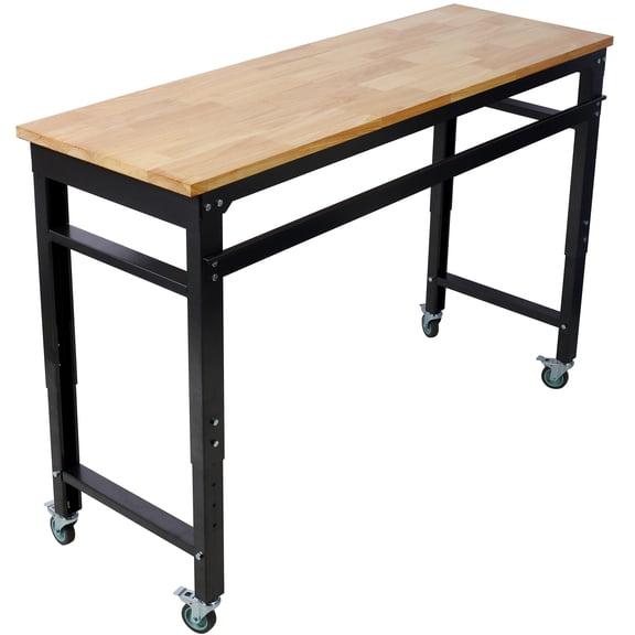 Leavader Workbench - 60" Wide Rolling Workbenches for Garage - Adjustable Height, Workshop Tool Bench, Metal with rubber Wood Top,Black Hammertone leg
