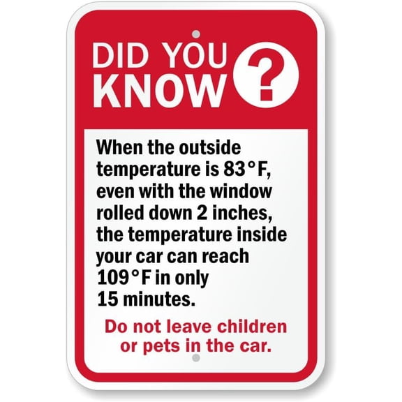 Do Not Leave Children or Pets Hot Car Sign: Did You Know? When Outside Temperature is 83° F, Temperature inside Car Can Reach 109° F Home Decor Metal Sign, 12" x 8"