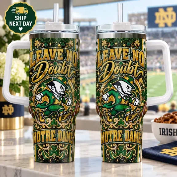 Leave No Doubt Irish Pride Tumbler, Shamrock Mascot Football Print, Fall Tailgate Game Day Cup, Green Gold College Fan Gift, 40oz Stainless Steel Tumbler With Handle Straw