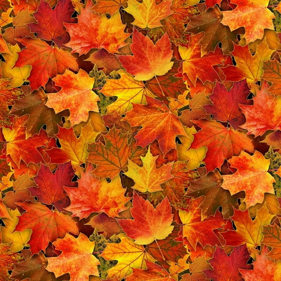 Leave Fabric Landscape Fall Leaves with Metallic in Multi 100% Cotton Fabric by The Yard