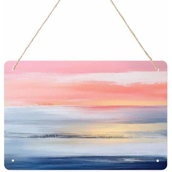 Pink Blue Hanging Plaque Wall Art Sign, Abstract Ombre Modern Gradient Painting Metal Iron Personalized Printed Plaques Front Door Entryway Custom Horizontal Wall Decor for Bedroom Living Room Kitche