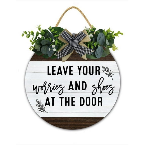 Leave Shoes & Worries at the Door Sign Funny Remove Shoes Sign No Shoes Sign Shoes Off Sign Welcome Wreath for Front Door Hanger Home Entryway Addition Farmhouse Decor 11X11Inch