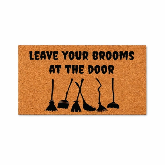 Leave Your Brooms At The Door Doormat, Witch Broom Silhouette, Funny Welcome Mat, Front Porch Entry Rug, Halloween Decor 3400 (24x48 inches) 3400