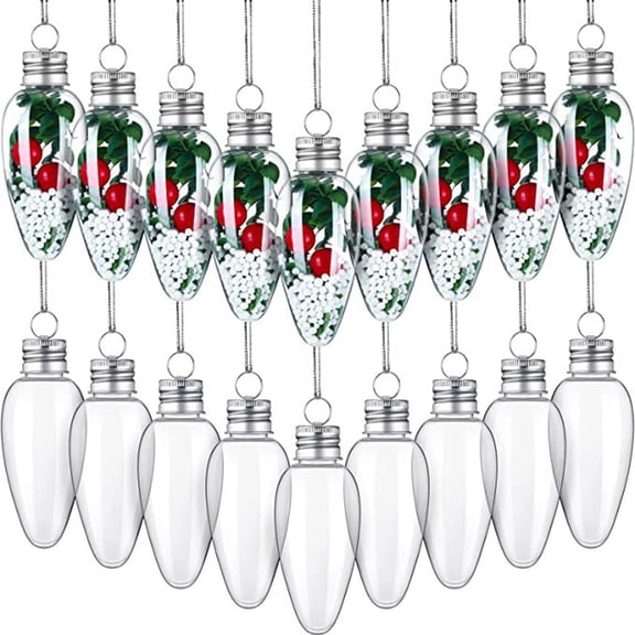 Leaveforme 24Pcs 35ml Christmas Pendants with Screw Off Cap Fillable Clear Plastic Christmas Tree Light Bulb Hanging Decor for Party