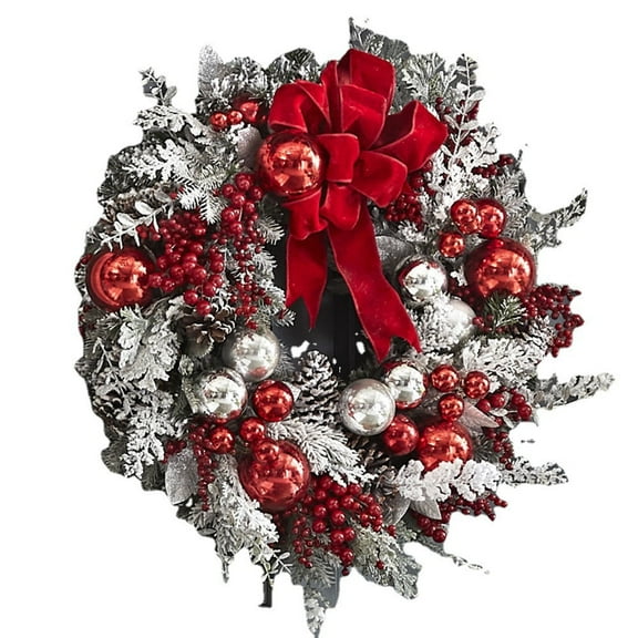 Leaveforme Christmas Artificial Wreath Flocking Snow Covered Rattan Upside Down Tree Red Bowknot Ribbon Scene Layout Shiny Balls Xmas Door Decor Hanging Garland Pendant for Party