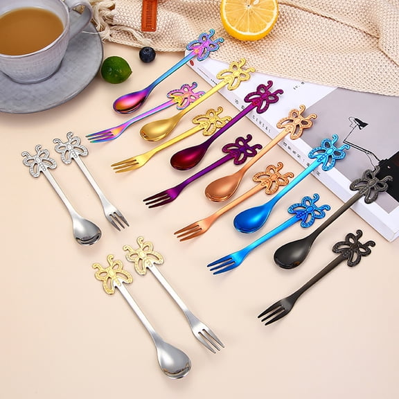 Leaveforme Portable Butterfly Stainless Steel Tea Dessert Spoon Fork Kitchen Tableware