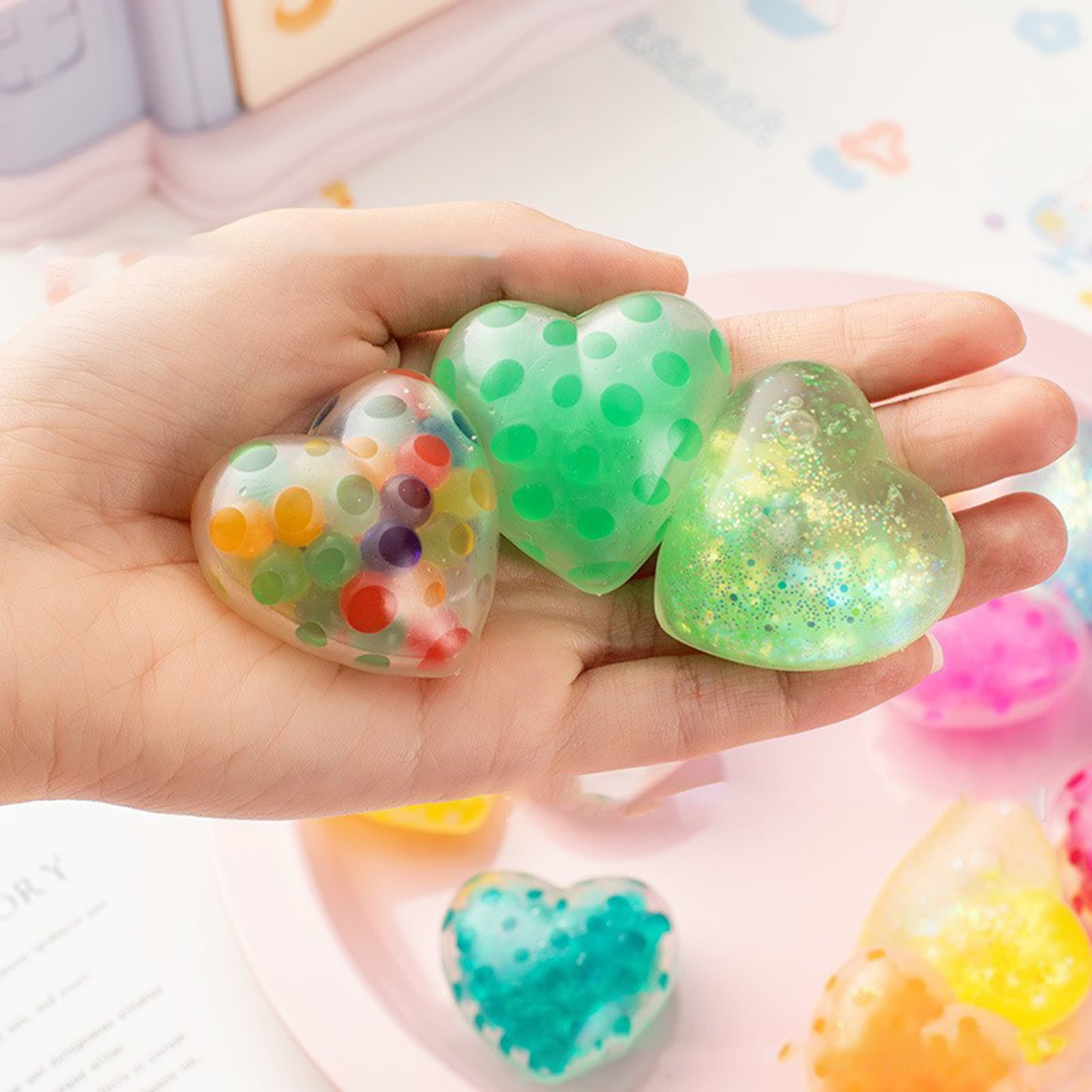 Leaveforme Heart Squishies Toy, 5pcs Stress Relief, Glitter Powder