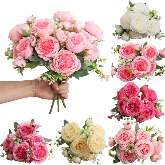 Leaveforme Silk Peony Bouquet Vintage Artificial Peonies Flower for Home Wedding Party Decor (1pcs 5 Heads, Dark Pink)