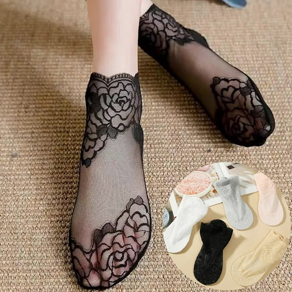 Leaveforme Women Rose Lace Socks Thin Transparent Elastic Mesh Stockings Breathable Anklet