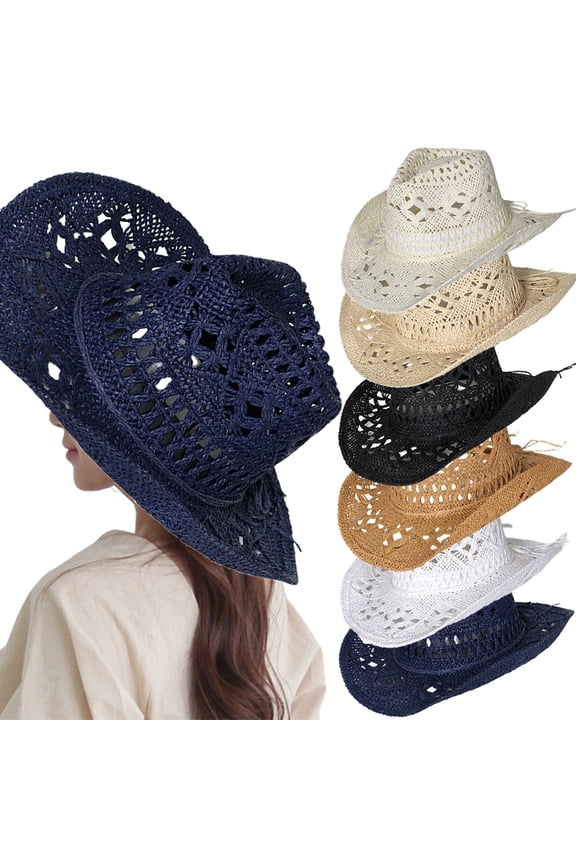Womens Summer Straw Hat Wide Brim Outdoor UV Protection Foldable Cowboy Sun Hat Beach Cap