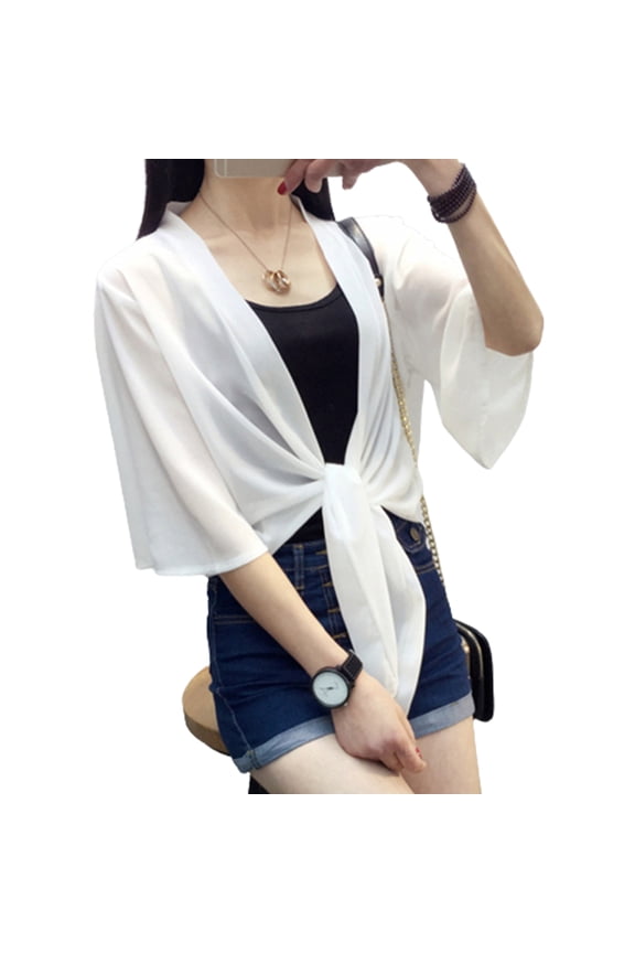 sheer jacket,white sheer cardigan,Womens Sheer Shrug Tie Front 3/4 Sleeve Cropped Bolero Cardigan