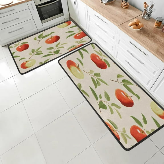 Leaves Apples Pattern Kitchen Mat Set of 2 Non-Slip Washable Kitchen Rugs Waterproof Comfort Standing Floor Mats for Kitchen Home Office Sink Laundry 17x29 Inch + 17x47 Inch