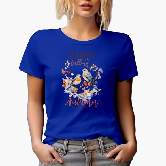 Leaves Are Falling, Autumn Is Calling, Watercolor Fall Birds Art Merch Gift, Royal Blue T-Shirt, Medium