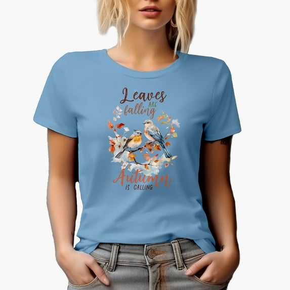 Leaves Are Falling, Autumn Is Calling with Watercolor Fall Birds Art Merch Gift, Baby Blue T-Shirt, Medium