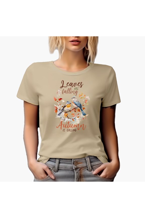 Leaves Are Falling, Autumn Is Calling with Watercolor Fall Birds Art Merch Gift, Tan T-Shirt, Small